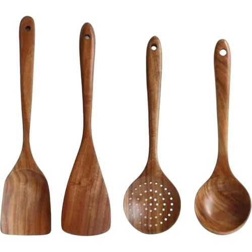 

otoye Natural Acacia Wood Kitchen Utensil Set, Wooden Spoon & Spatula, Unpainted, Non-Toxic, Compatible with Nonstick Pans, Includes Cooking Fork, Dis