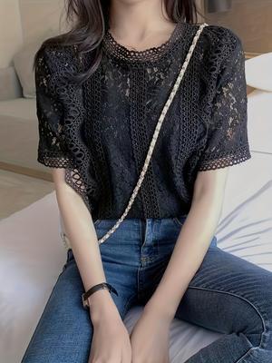 Paisley Pattern Lace Blouse, Short Sleeve Hollow Out Summer Casual Top, Women's Clothing