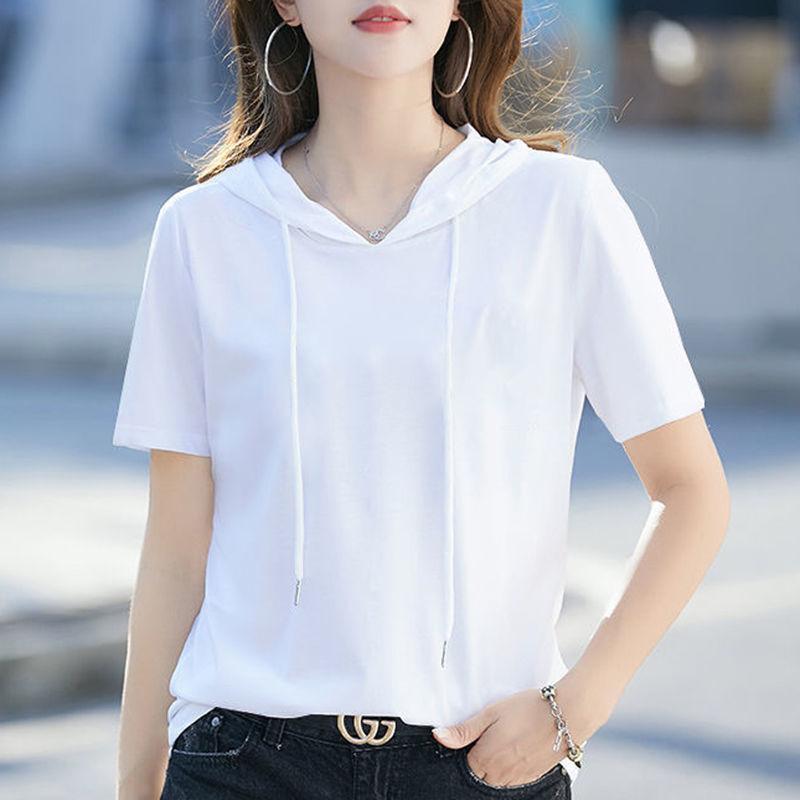 Summer Women's Loose Fit Hooded T-Shirt Korean Style Hooded Sweatshirt