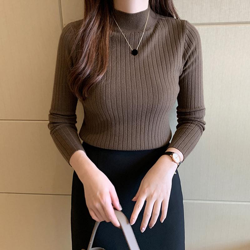 Autumn Winter Mock Neck Women Sweater Vintage Basic Solid Knitted Tops Casual Slim Pullover Korean Sweaters Simple Chic Jumpers