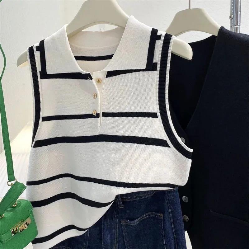 Women Polo Collar Half Button Black White Striped Sleeveless Knit Vest