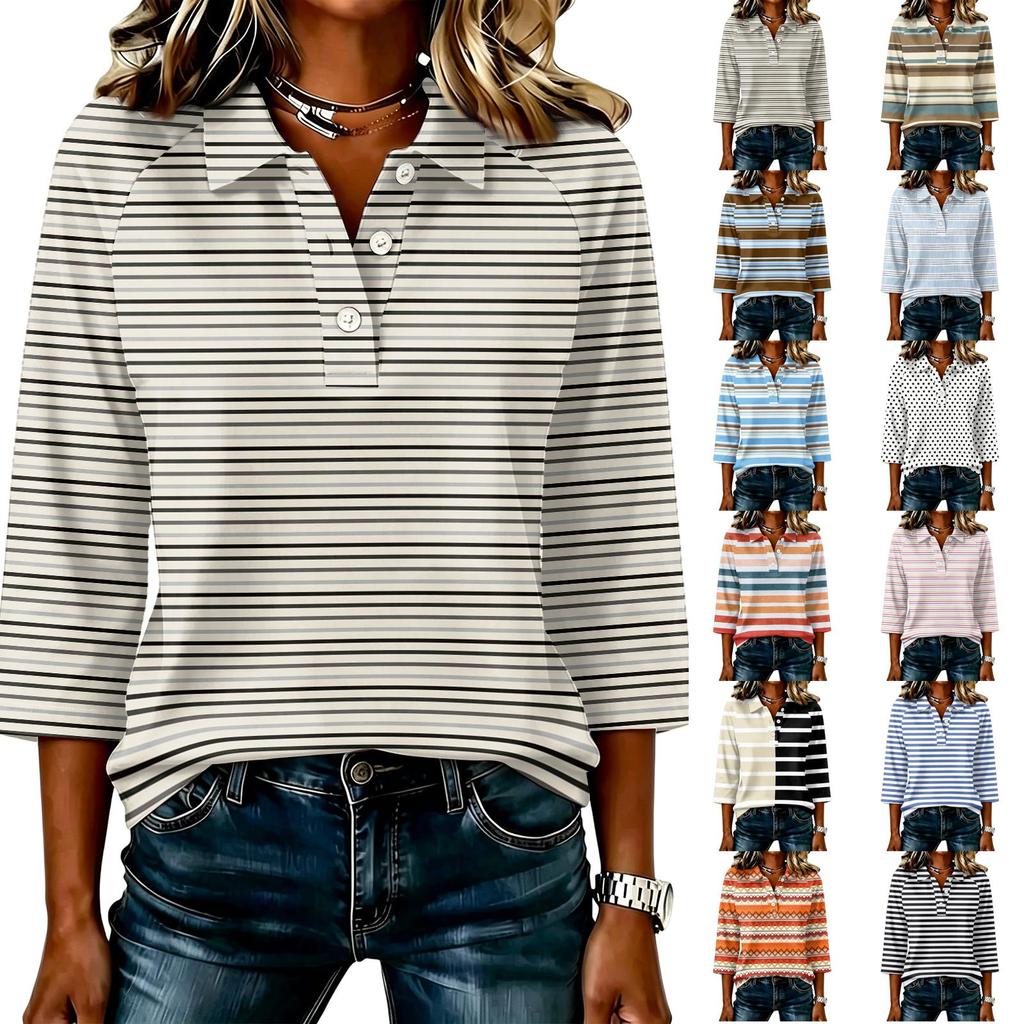 Women’s Casual 34 Sleeve Striped Print Blouse with Patchwork Design and Button Front for Everyday Wear and Comfort