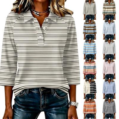 Women’s Casual 34 Sleeve Striped Print Blouse with Patchwork Design and Button Front for Everyday Wear and Comfort