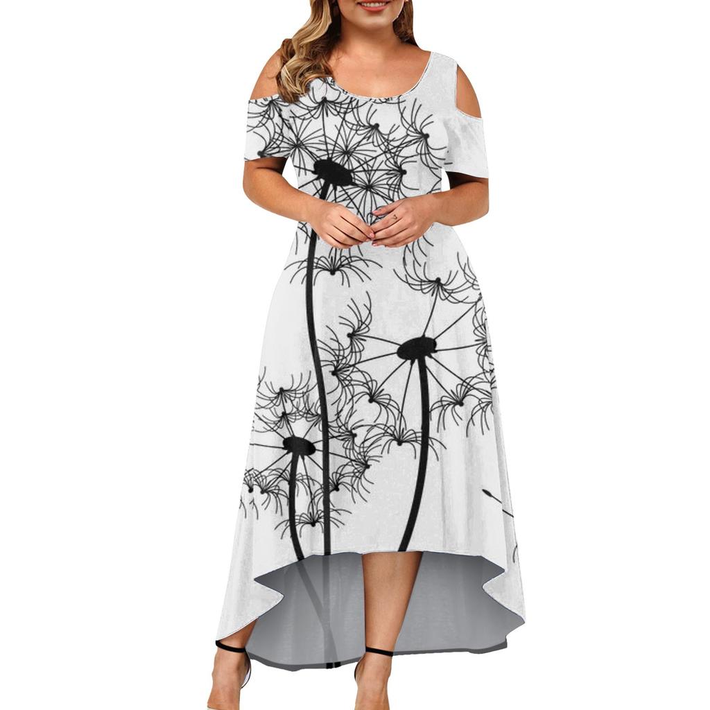 Women's Large Size Short Sleeve Fashion Floral Butterfly Print Round Neck Strapless Irregular Hem Dress