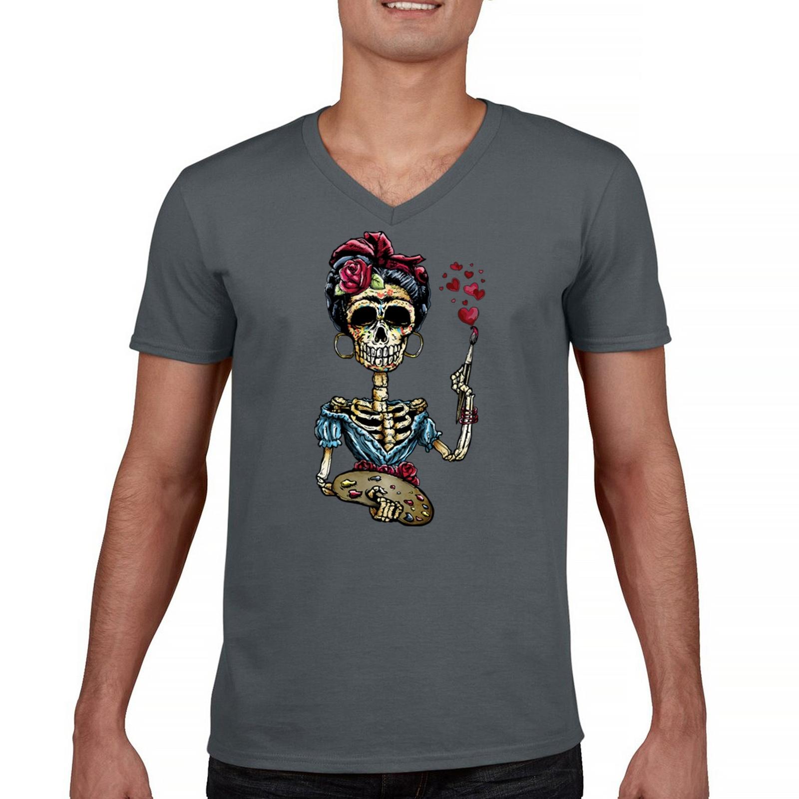 Frida Kahlo Sugar Skull V-Neck T-shirt Calavera Mexican Day of the Dead Tee S