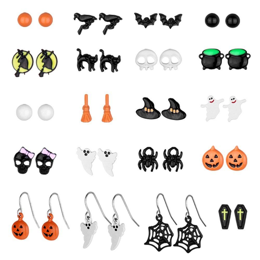 Skull Witch Ear Studs Cat Pumpkin Studs Earrings Vintage Enamel Cross Pendant  Ladies