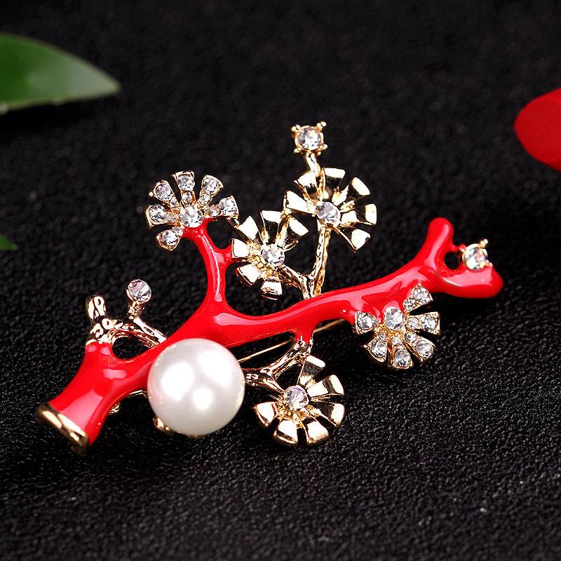 Chinese Style Original Retro Atmosphere Classic Oil Drop Pearl Plum Blossom Branch Brooch Female Accessories Long-Lasting Color Brooch