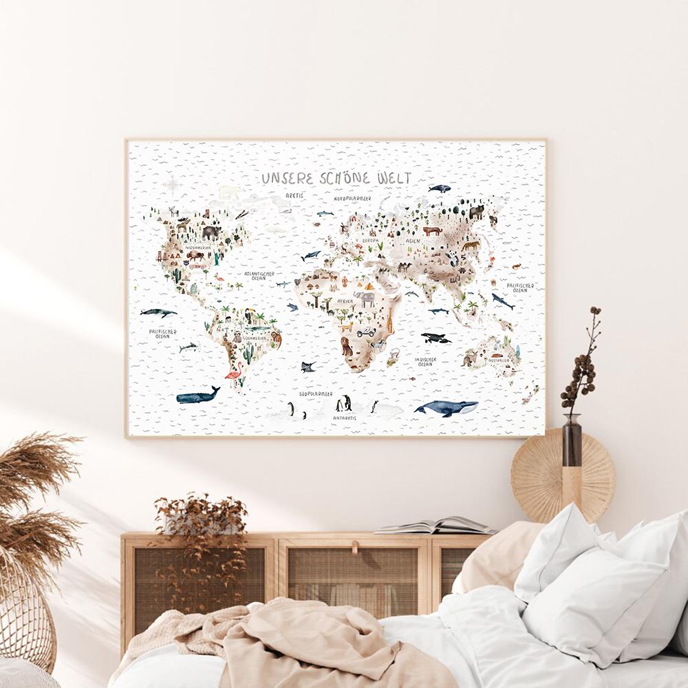 World Map Canvas Painting Animal Theme Educational Wall Art Nordic Posters and Prints Pictures for Boy Kids Room Home Decoration