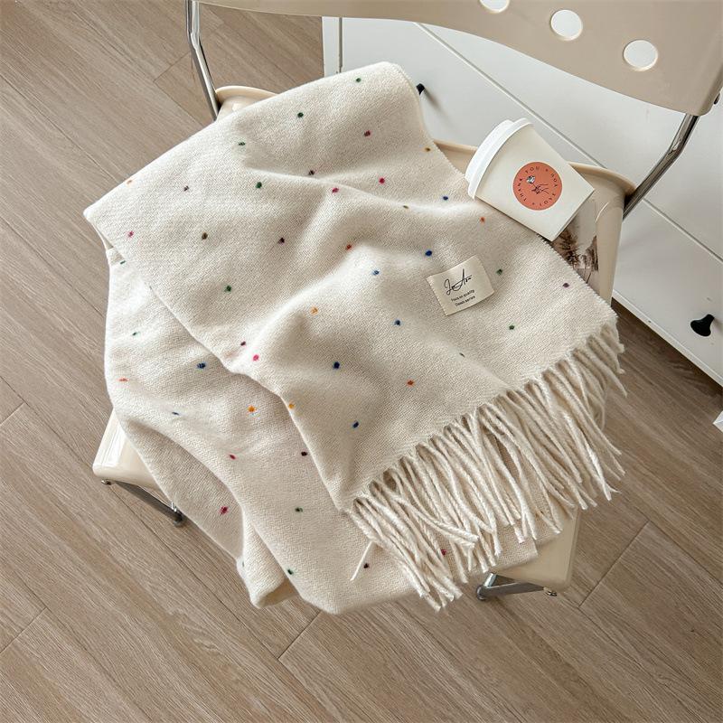Cream Sweet Girl Wind Color Dot Tassel Scarf Women'S Winter Premium Soft Glutinous Fashion College Style Warm Neck