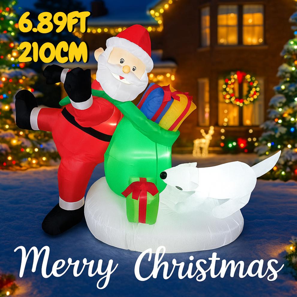 6.89FT Inflatable Santa Claus Gift Sack Dog Toy Xmas Yard Lawn Party Decoration Festive Gift LED Christmas Supplie Home Ornament