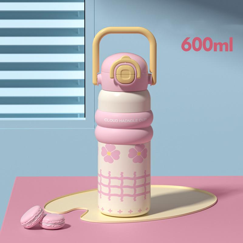 600ml Cartoon Vacuum Thermos Flask With Straw Portable Double Drink Adult Children Coffee Cups Thermal Water Bottle Drinkware