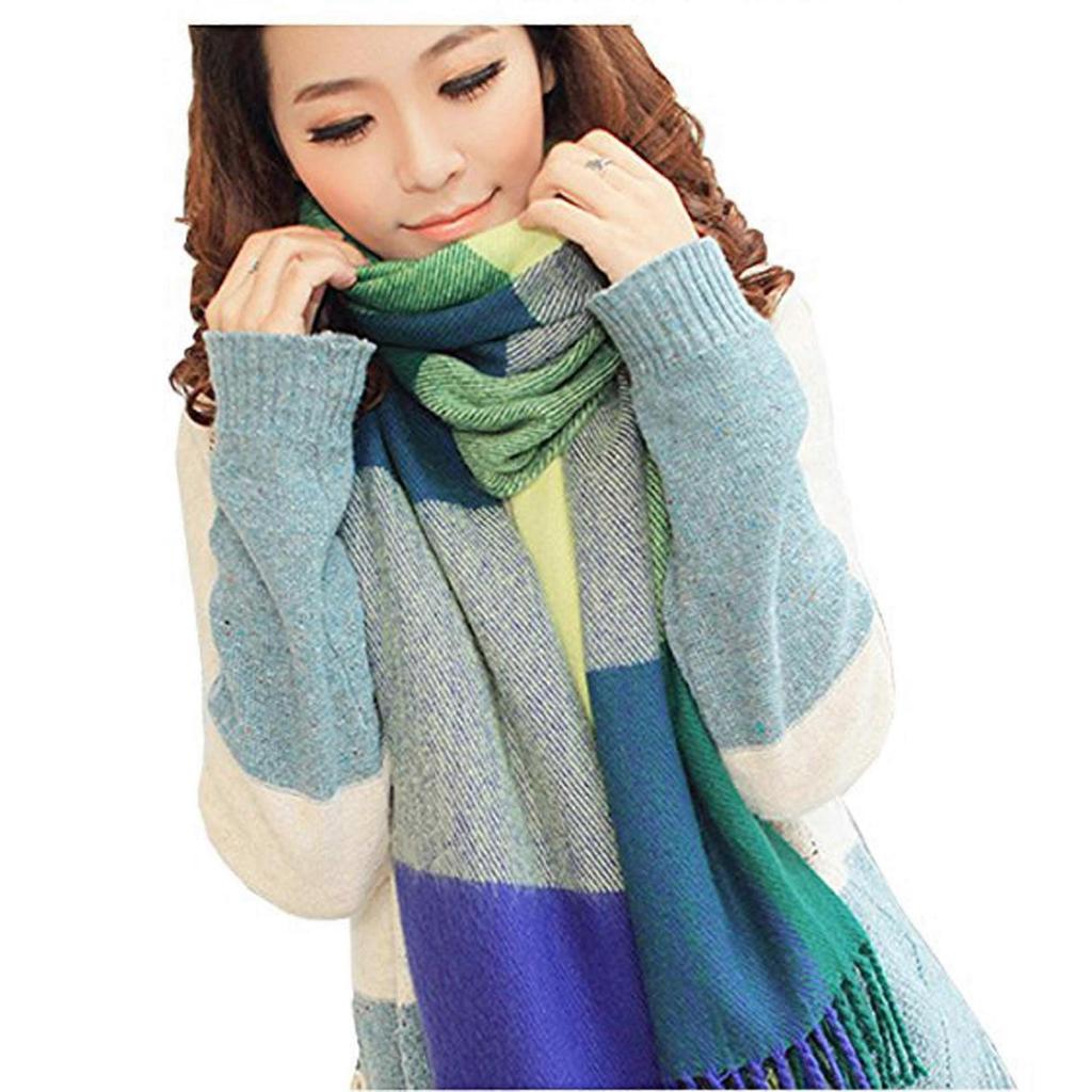 Women's Fashion Long Shawl Big Grid Winter Warm Lattice Large Scarf Blue-Green