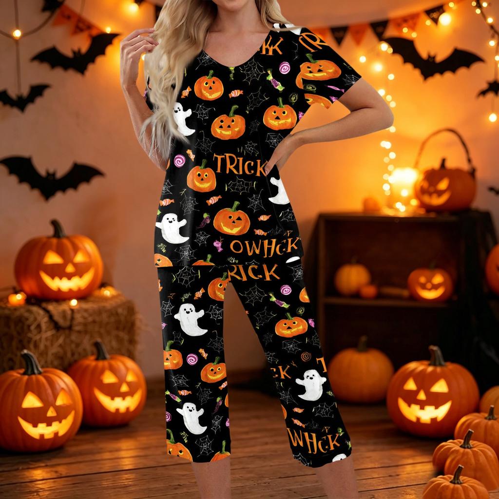 Women Two Piece Set Halloween Print Short Sleeve Top Seven Quarter Pants Casual Lounge Pajama Set for Daily Wear