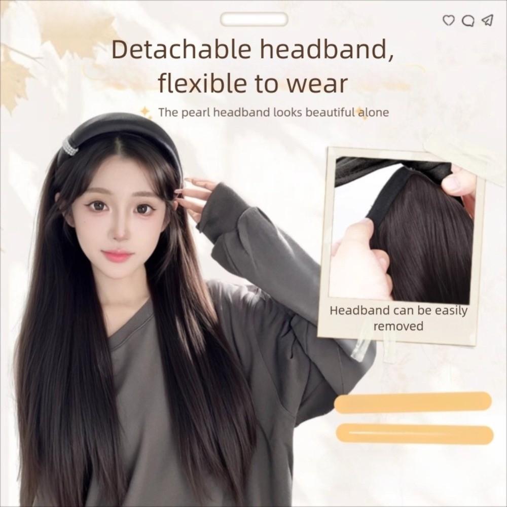 Hair Hoop Half Headband Wig Korean Style Long Straight Hair Simulated Pearl Headband Wig  Party