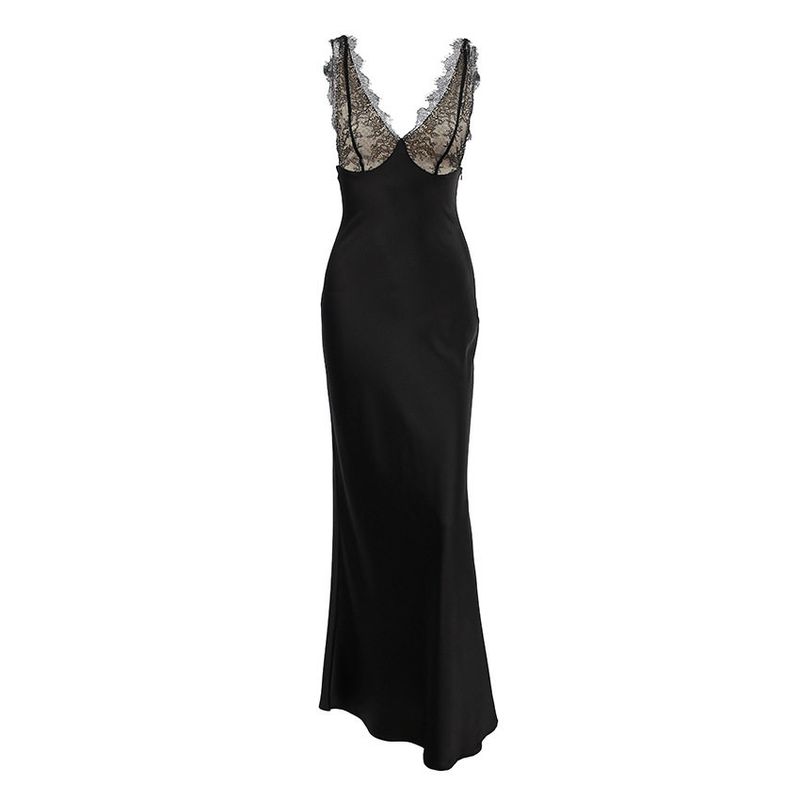 2026 Sommer Neu Grenzüberschreitender Stil Sexy V-Ausschnitt Spitze Patchwork Satin Kleid für Damen, High-End Figurbetont Elegant Langarmkleid