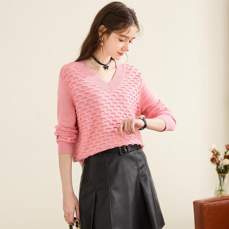 TUHUANG Women's Pure Wool V-Neck Sweater