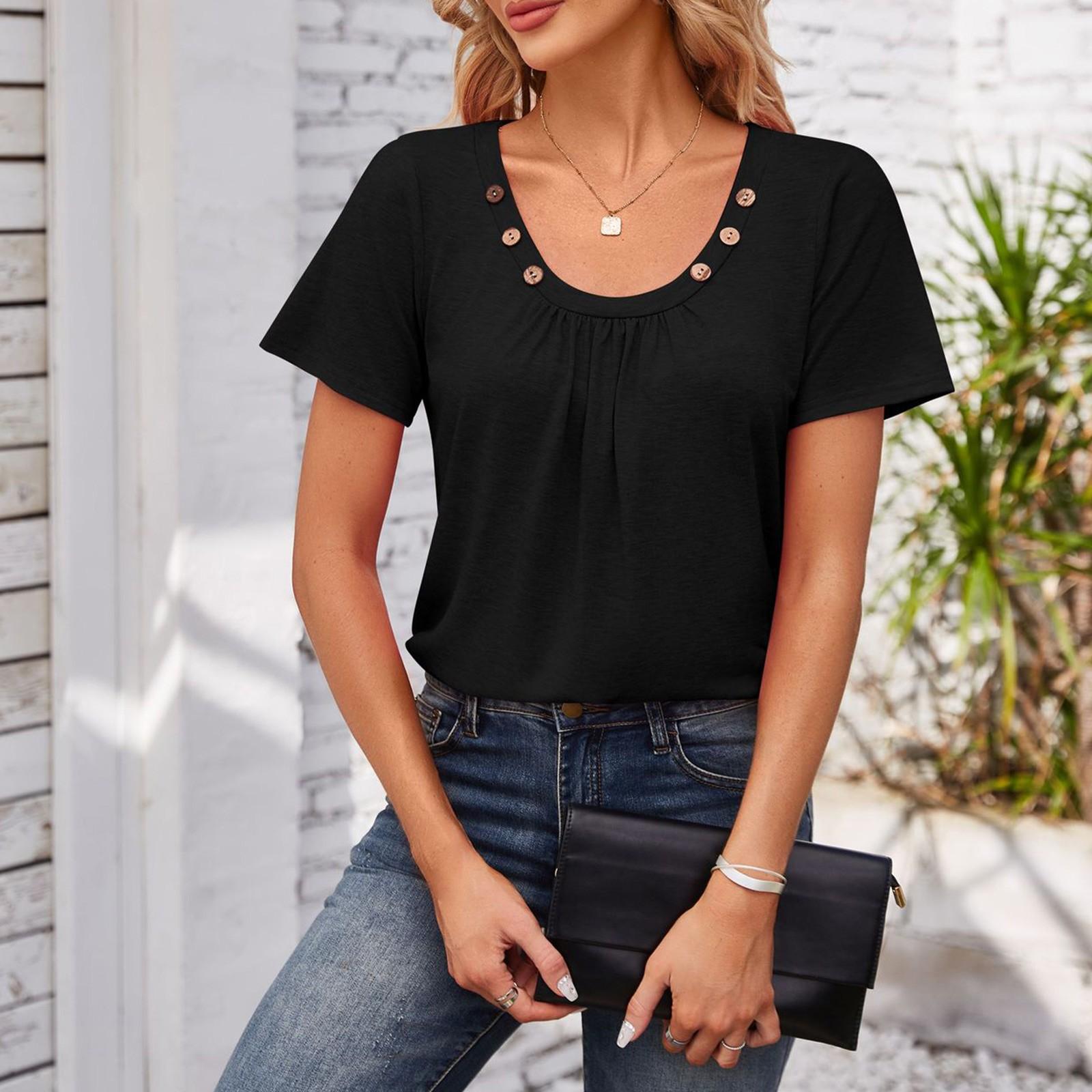 Женская Модная Свободная Цветная Пуговица Квадратный Вырез Плиссированная Футболка С Коротким Рукавом Топ L чёрный