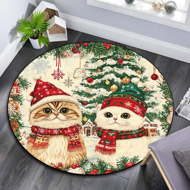 Christmas Cat Pattern Round rug,Carpet Rug for Living Room Bedroom Playroom ,Non-slip Floor Mat,Holiday Gifts and Birthday Gifts.