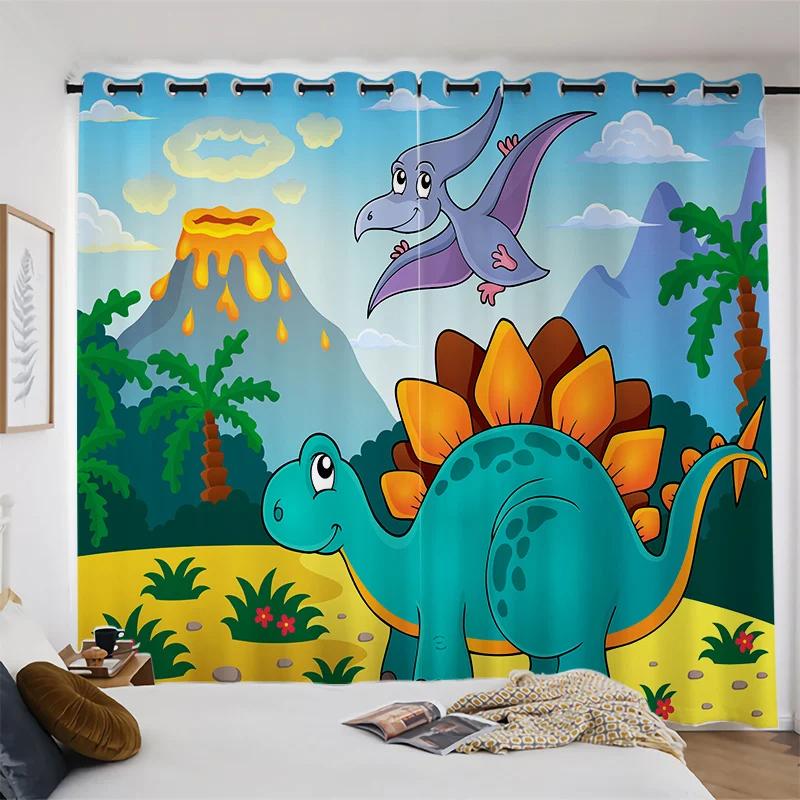 Cute Cartoon Dinosaur New High Shading Window Curtain Bedroom Children's Room Partition Decoration Thick Blackout Curtain 2Pcs