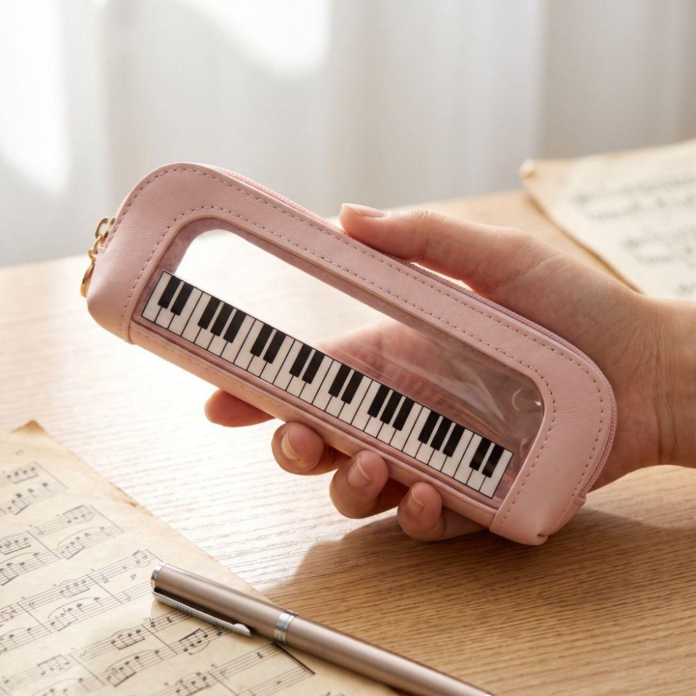 Sweet PVC Transparent Pencil Bag Music Theme Zipper Stationery Pouch School Office Supplies