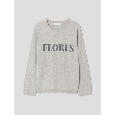 Embroidered Lettering Boucle Long Sleeve Knit Light Gray