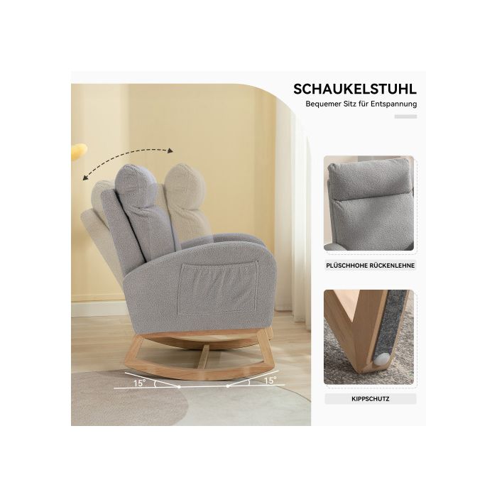 Fauteuil à bascule, Mid Century Modern, tissu peluche, rembourré, assise rembourrée, pour salon et chambre à coucher, gris clair