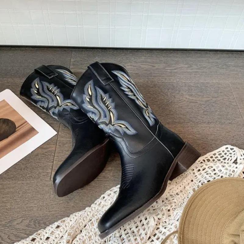 Retro Women Boots Classic Embroidered Western Cowboy Boots Square Toe Design Women Knight Boot Quality Leather Mid-Calf Booties
