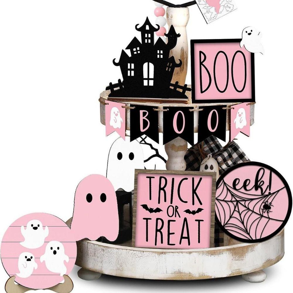 13pcs Pumpkin Cute Ghost Tray Decor Wooden Signs Ornaments Halloween Desk Decoration  Tabletop