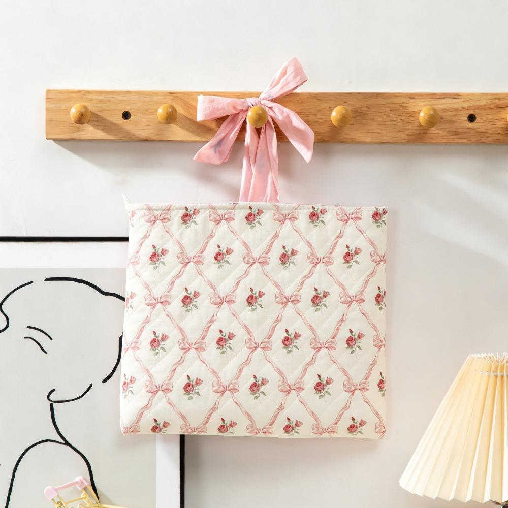 Portable Quilted Makeup Bag Drawstring Large Capacity Toiletry Bag Bow Knot Floral Makeup Pouch Girls красный