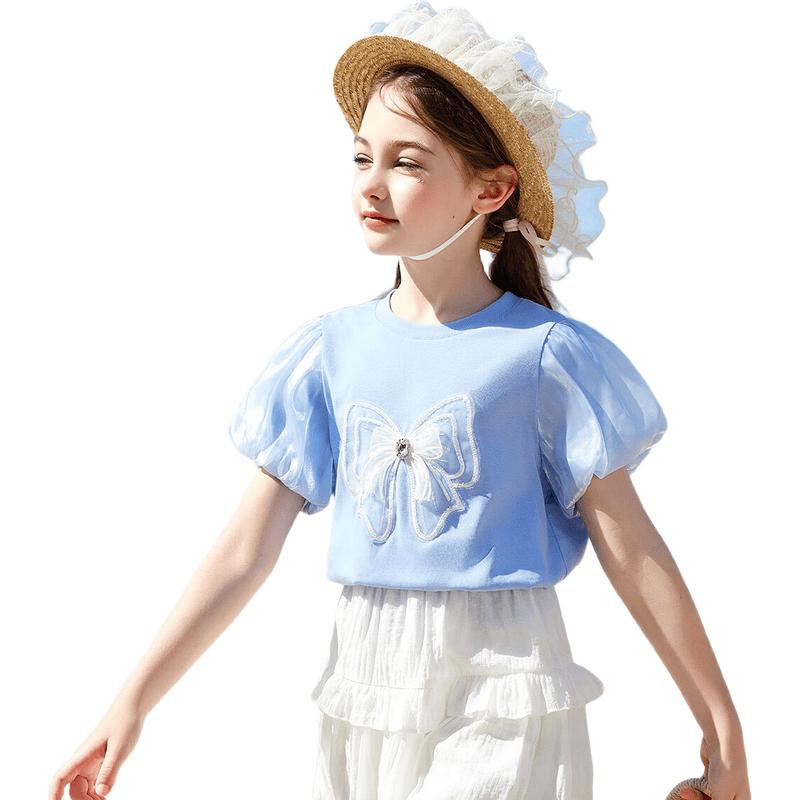 ASK JUNIOR Girls' Puff Sleeve T-Shirt with 3D Bow