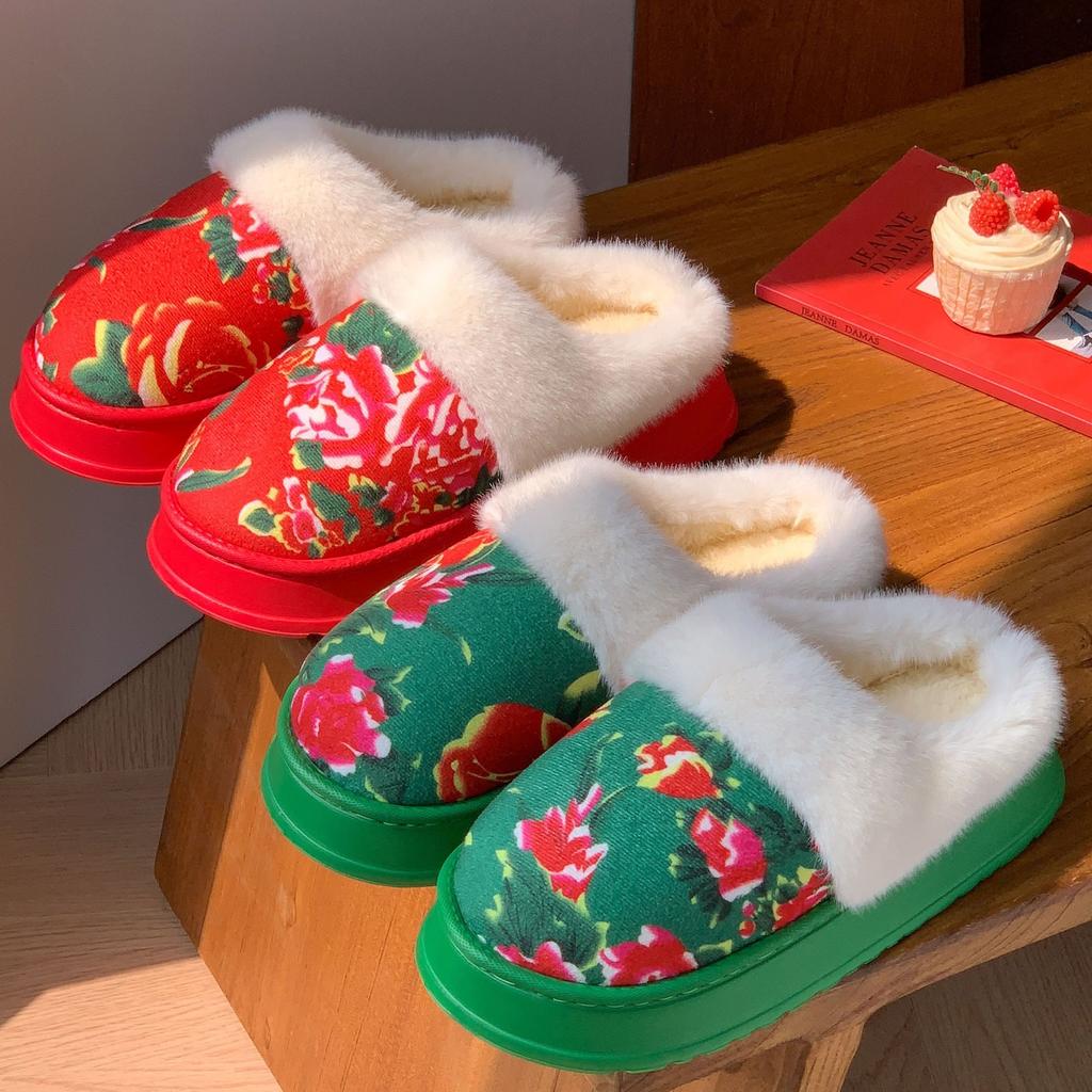 Northeast Big Flower Padded Jacket Wind Warm Cotton Slippers Winter Velvet Warm Non-slip Thick Bottom Home Indoor Plush Cotton Shoes
