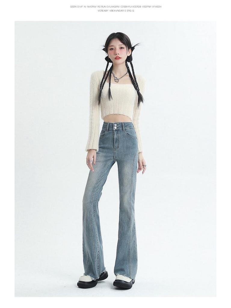 Women's High Waist Vintage Micro-Flare Jeans - Elastic, Raw Hem, Double Button, Retro Bell Bottom.