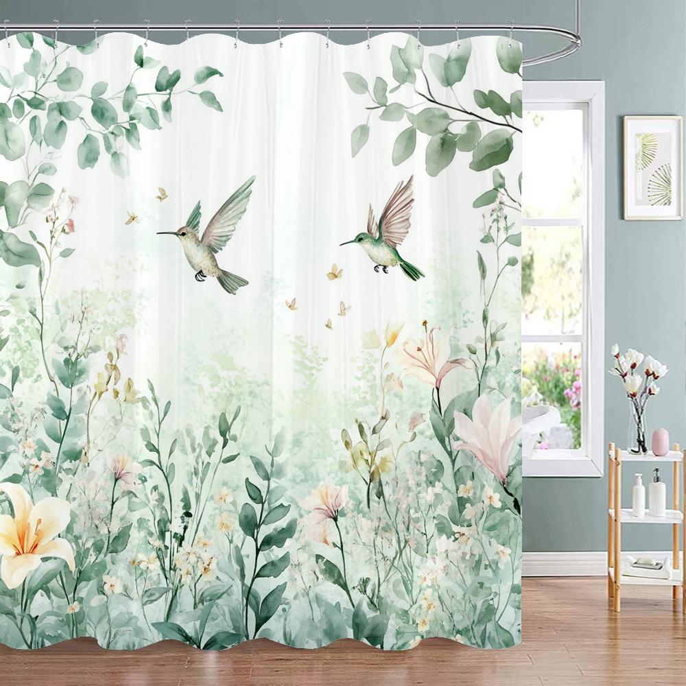 Spring Flowers and Plants Birds Shower Curtain, Bathroom Decorative Shower Curtain, Waterproof Shower Curtain with Hooks