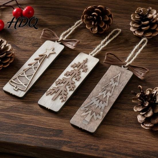 Christmas Tree Gift Tags Wooden Pendant with Lanyard Double Layer Solid Wood Holiday Party Favors Hanging Ornament Bow Decor for Home Winter