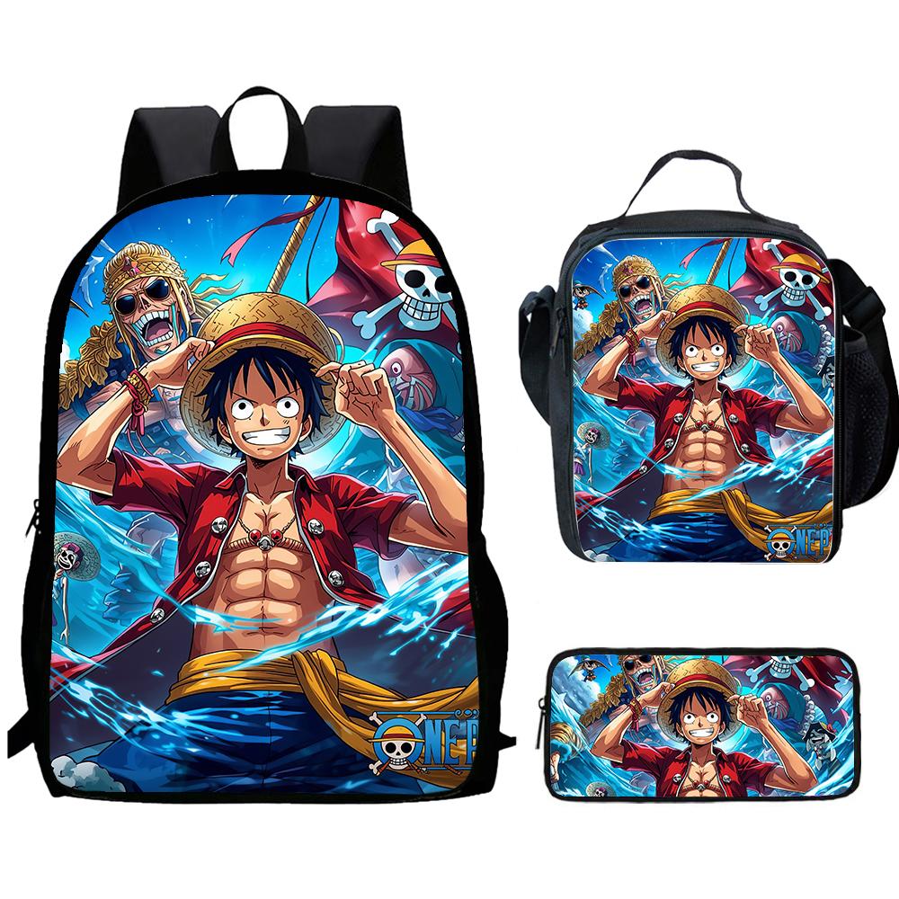 One Piece 15-Inch Mochila 3 Pcs Lightweight Adjustable Cartoon School Backpack With Lunch Bag Pencil Case For Children Ages 6-10