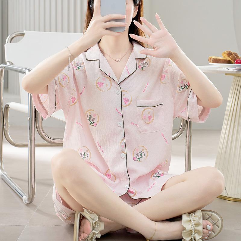 Summer fashion high-end pajamas printed short-sleeved shirts pajamas are comfortable and can be worn at home