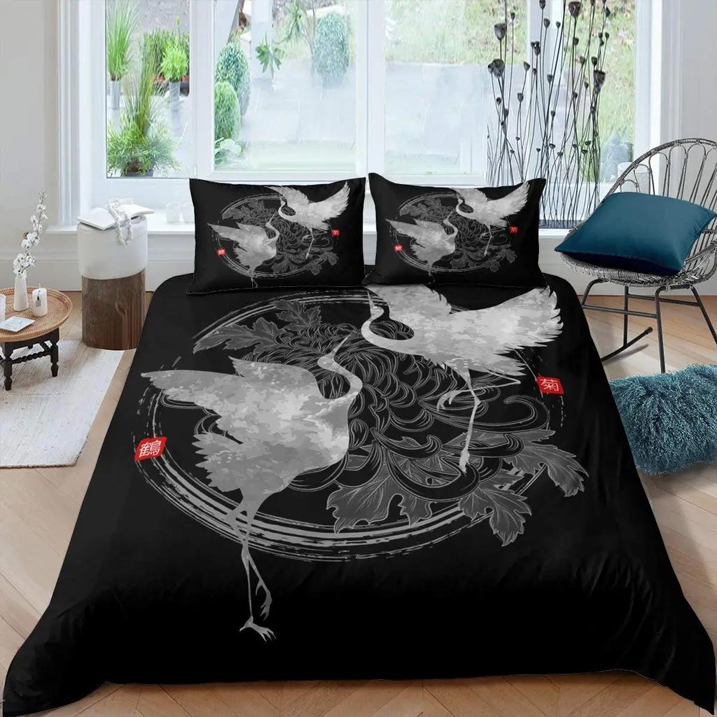 Japanese Style Crane Soft Duvet Cover Set Ful Sized Dimensions,Exotic Red Sun Sea Waves Beding Sets,Vintage Ukiyoe Traditional Warm Comforter Cover