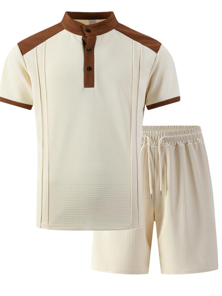 Men's Summer Plaid Stand Collar Short Sleeve T-shirt & Shorts Set