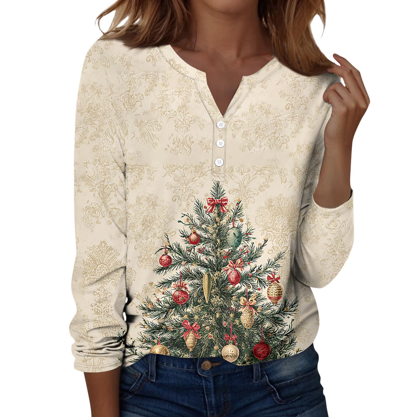 

Женская футболка с рождественским принтом на пуговицах с длинным рукавом, повседневная, выходного дня, модная, базовая, с V-образным вырезом, обычная L бежевый