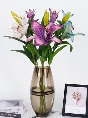 3 Pcs Long Stem Artificial Lilies Artifical Lily Flowers 3 Heads/bunch 1 Full Bloom Lily & 2 Lily Buds for Home Hotel Flower Arrangement Party Decor
