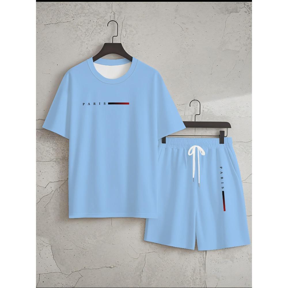 

Мужской оригинальный модный комплект - светло-голубая футболка с коротким рукавом и черные шорты с принтом Париж , летняя повседневная пляжная одежда, машинная стирка, пляжная одежда XXXL синий