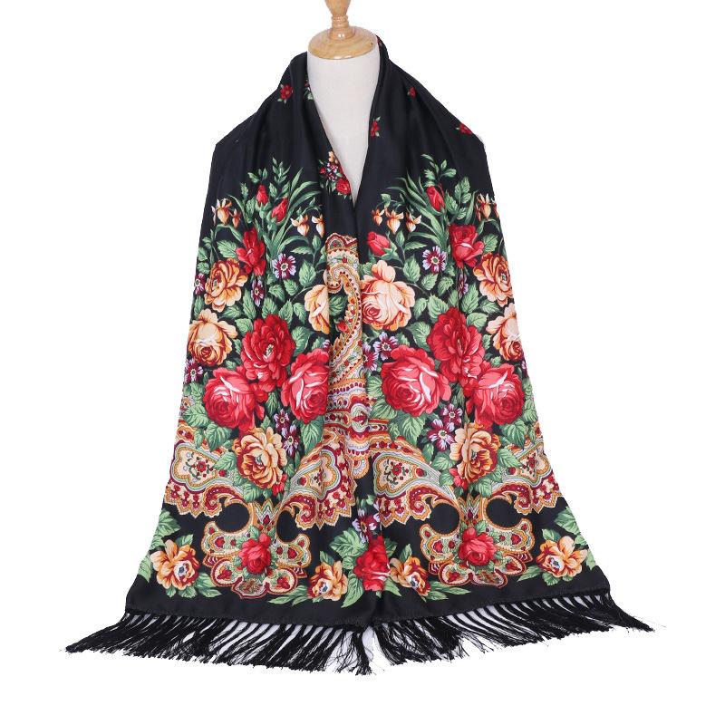 Scarf Women Flower Shawl Autumn And Winter Foulard Warmth Vintage Tassel Hijab Warp Printed Headscarf Bandana