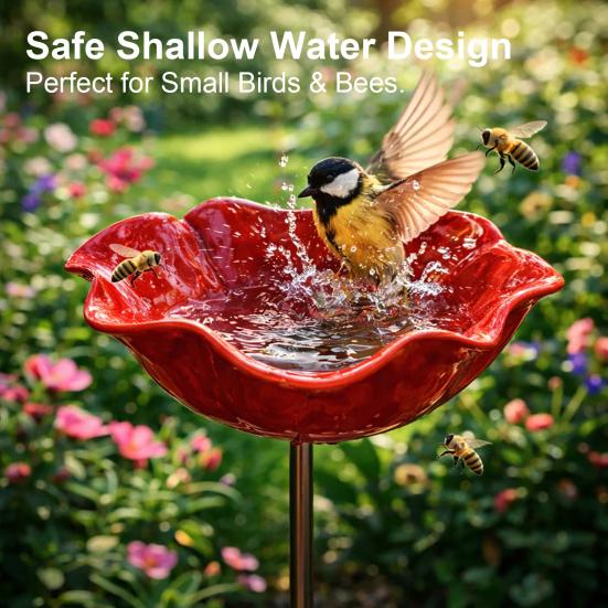 2Pcs Metal Flower Garden Stakes, Decorative Bird Bath, Outdoor Bee Watering Station, Flower Design Water Feeder Bath Bowl for Bees Butterflies