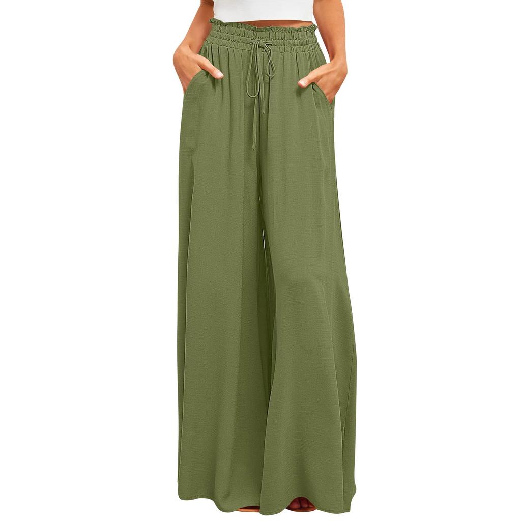 Women's Color Trousers Elastic Belt Wide Leg High Waist Long Culottes