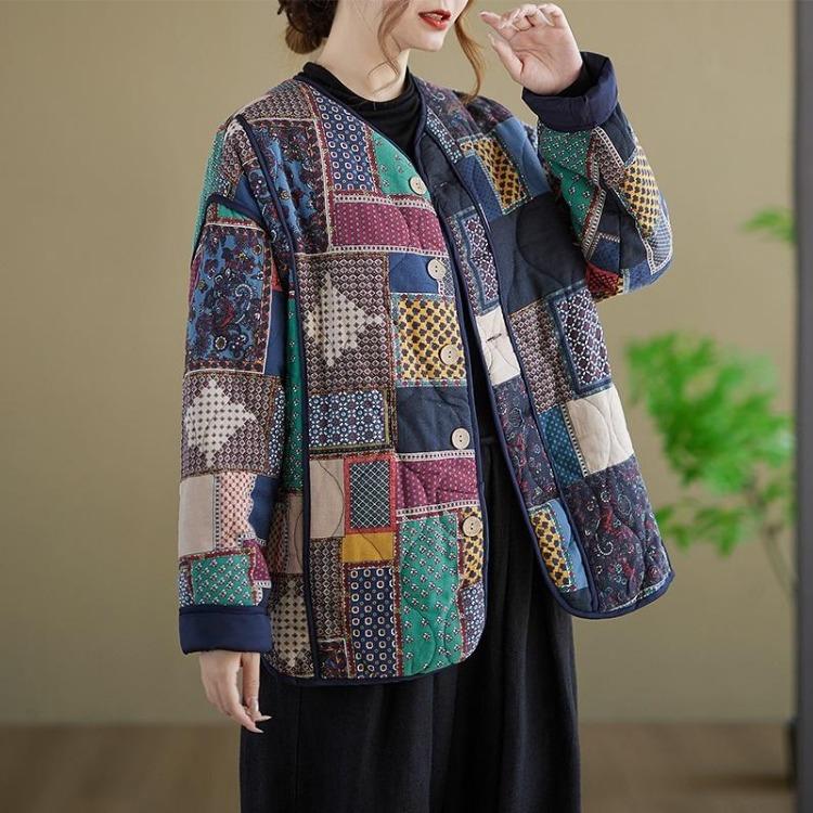 Women Oversized Vintage Floral Jacket Coat Casual Loose Outerwear Cotton Padded Spring Autumn Winter