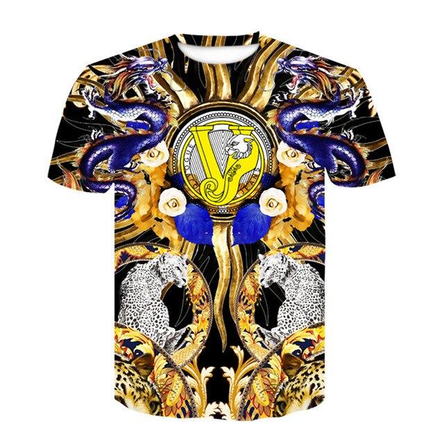 

Новая летняя футболка в стиле барокко с 3D цифровым принтом, мужская/женская винтажная роскошная брендовая футболка с золотистым цветочным принтом и королевским принтом XL