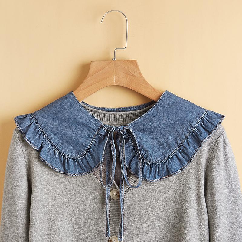 Women's Washed Denim Shawl Collar with Pleated Lace and Fashionable Fake Collar