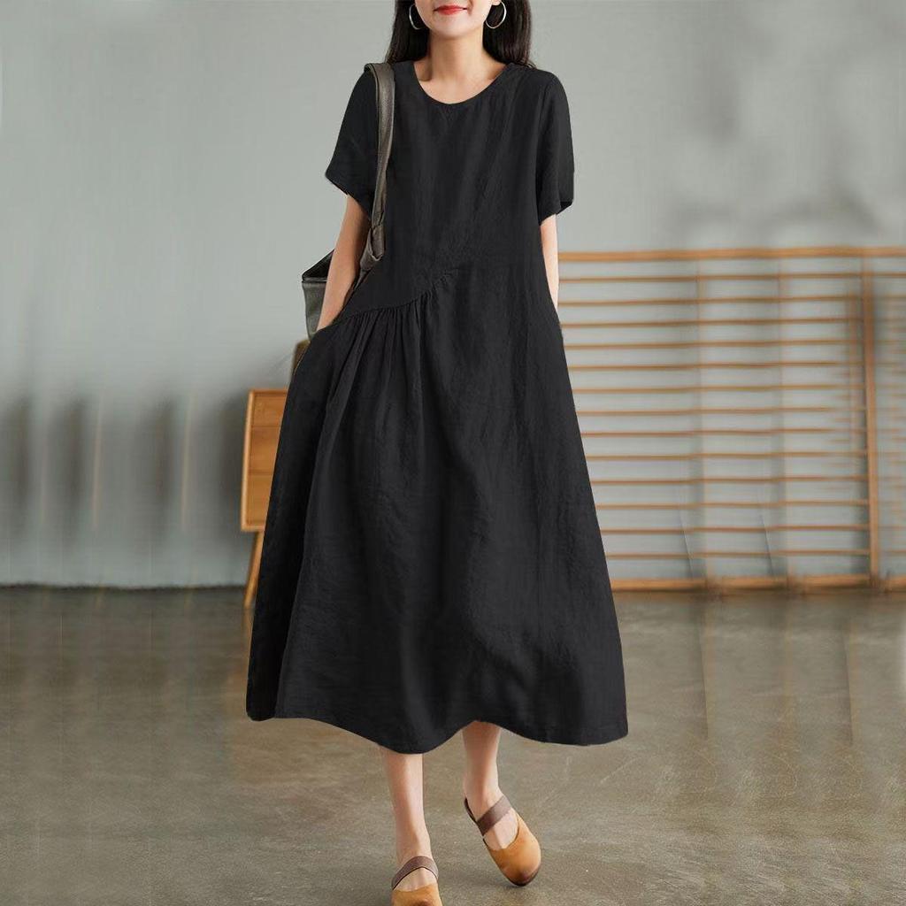 Japanese Women's Loose-Fit Cotton & Linen Irregular Hem Dress