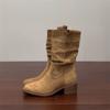 New Inner Height Increased Frosted Leather Martin Boots Autumn and Winter Retro Stacking Boots Khaki Thick Heel Cowboy Boots