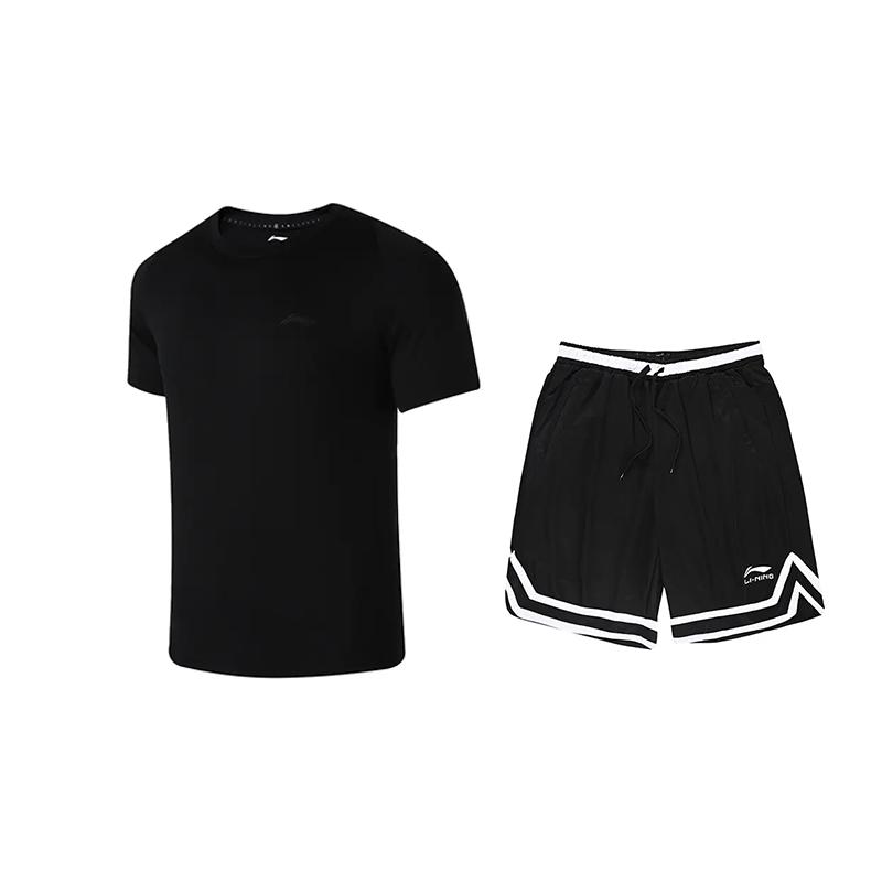 

Li-Ning Solid Color Logo Round Neck Short Sleeve T-Shirt Striped Letter Comfortable Shorts Casual Sports Suit Unisex Sportswear ATSU819-1+YAPV001-1 L
